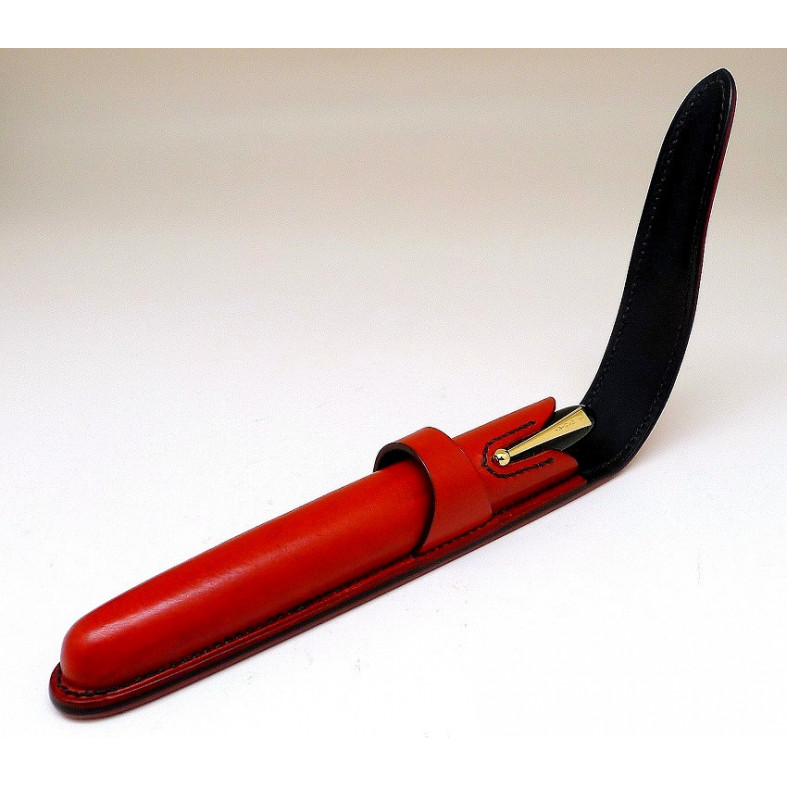 Hand Stitched Leather Single Pen Case Crimson Red with Black